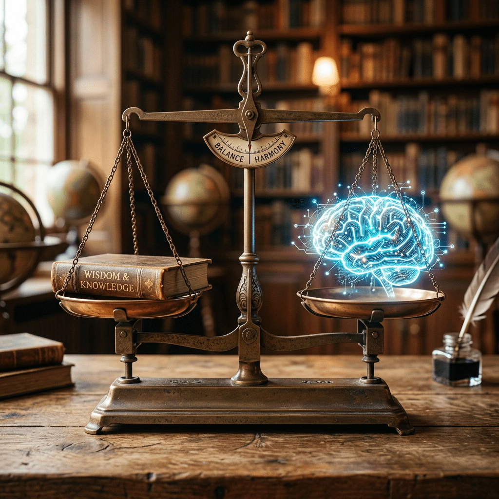 A vintage balance scale with a book labeled 'Wisdom & Knowledge' on one side and a glowing digital brain on the other